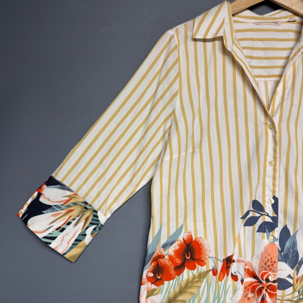 Soft Surroundings Yellow Striped Tropical Floral Tunic Shirt Petite Medium PM - Picture 3 of 6